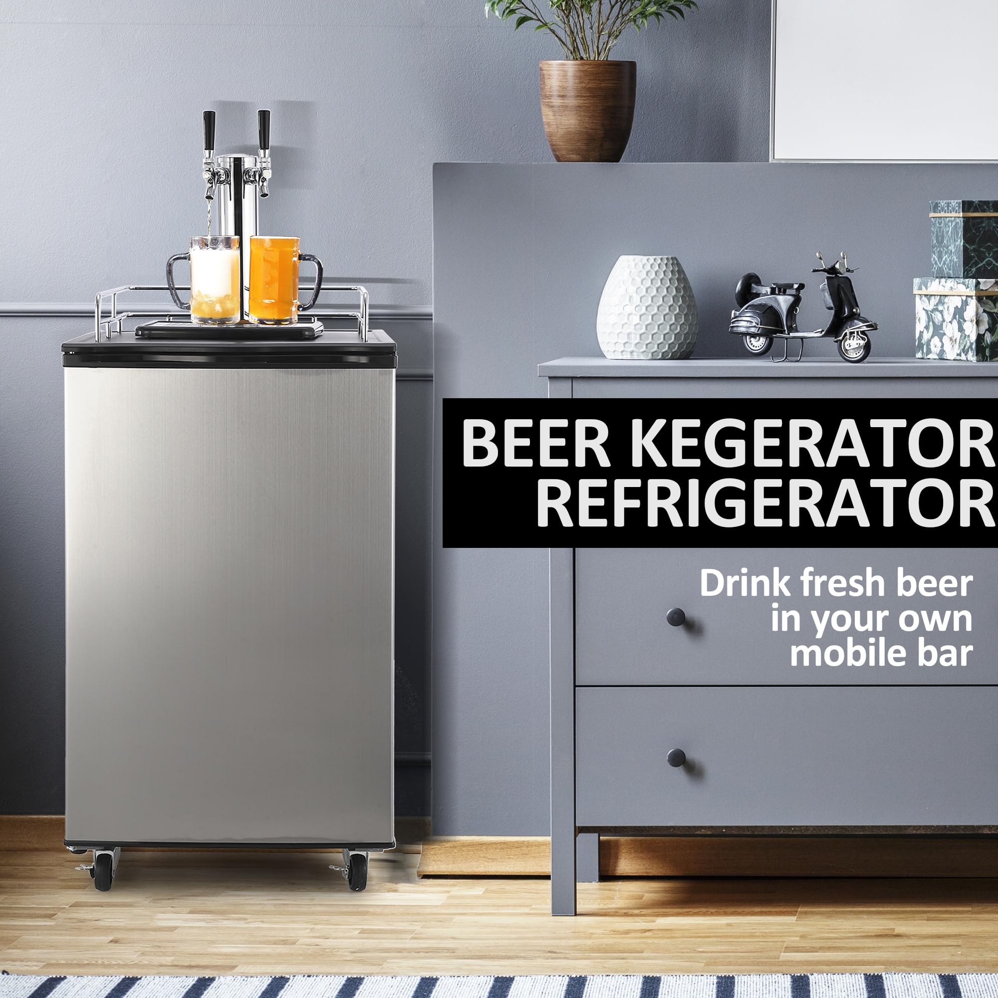 Kegerator and Keg Beer Cooler, Dual Tap Draft Beer Dispenser, Full Size Keg Refrigerator With Shelves, Stainless Steel, Drip Tray & Rail，silver