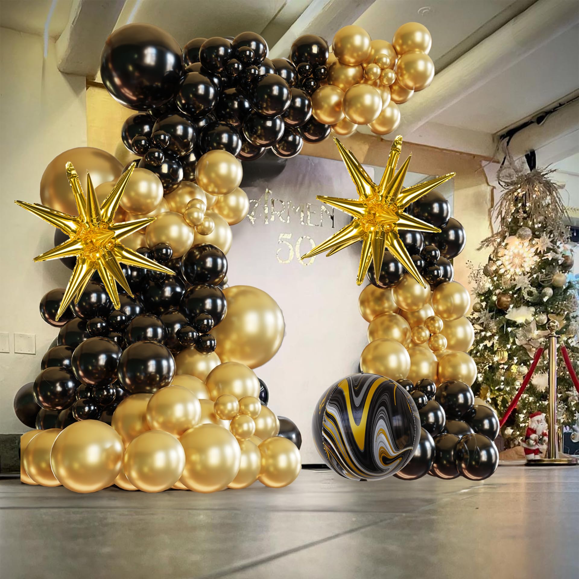 ECEAE 133Pcs Black And Gold Balloons Arch Black Metallic Golden Balloon Ensemble Versatile For Great Gatsby Party Decorations, Graduations,New Years Backdrops Birthday Garland Decor Kit