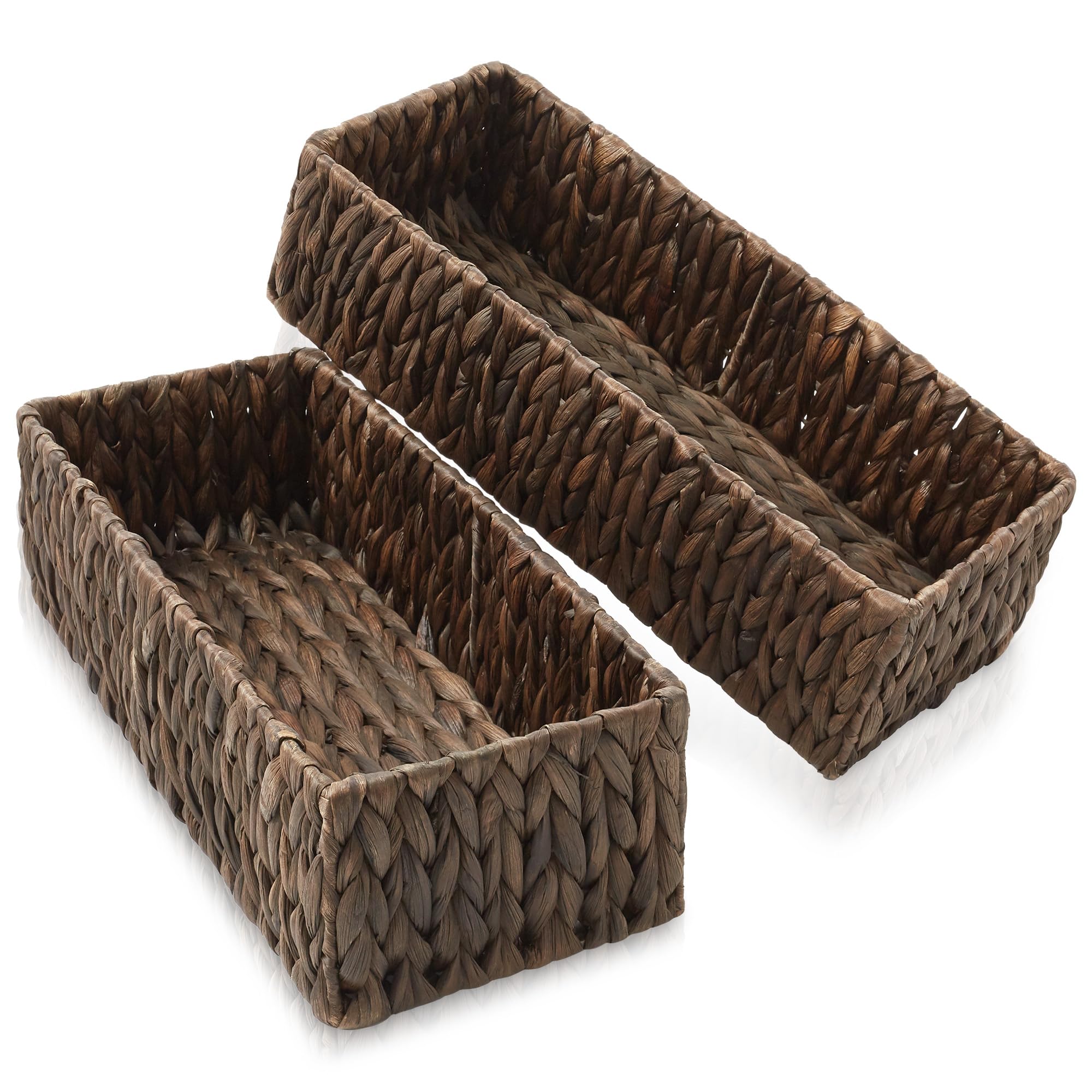 Casafield Set of 2 Bathroom Storage Baskets, Espresso - Water Hyacinth, 16" W x 6.75" D x 4.25" H, Woven Toilet Tank Topper Bins for Organizing Tissues, Toilet Paper, Toiletries, Shelves