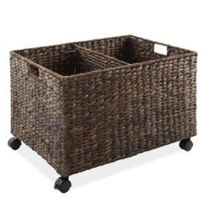 Casafield Rolling Storage Basket Cart with Lid and Locking Wheels, Espresso - Handwoven Water Hyacinth Divided Recycling Sorting Bin for Kitchen, Laundry Room, Garage