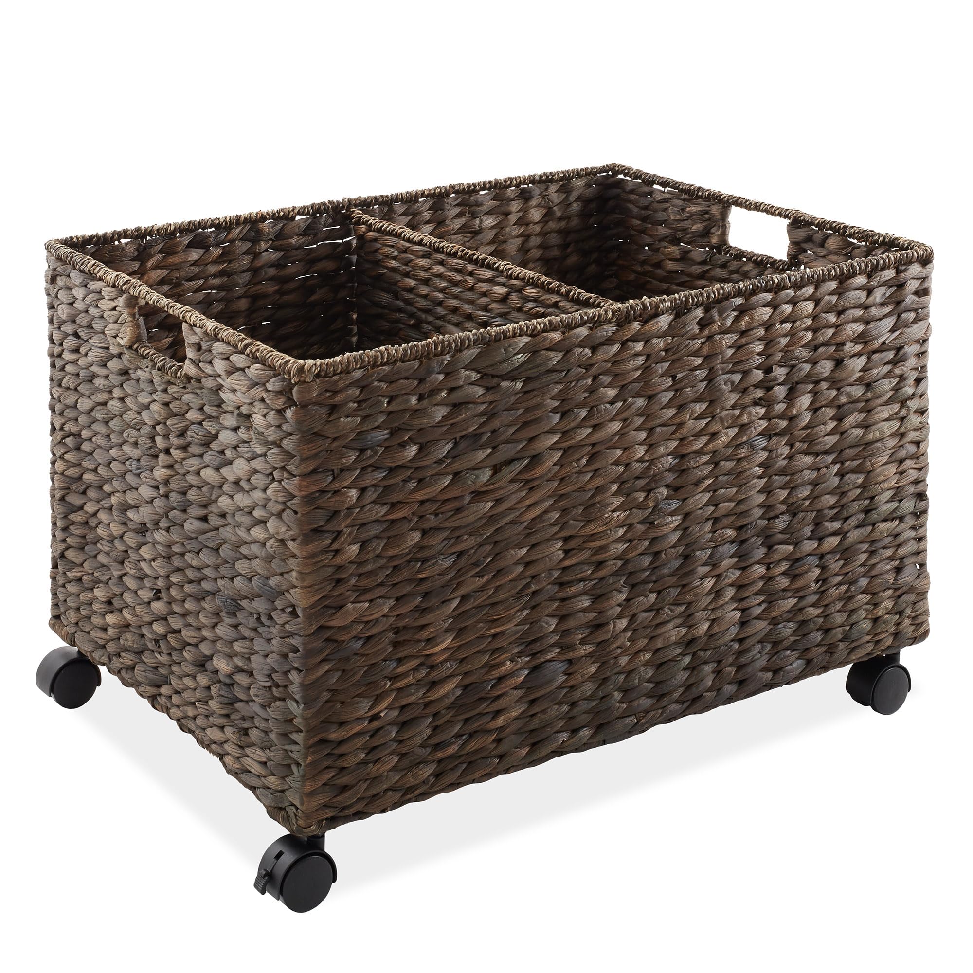 Casafield Rolling Storage Basket Cart with Lid and Locking Wheels, Espresso - Handwoven Water Hyacinth Divided Recycling Sorting Bin for Kitchen, Laundry Room, Garage