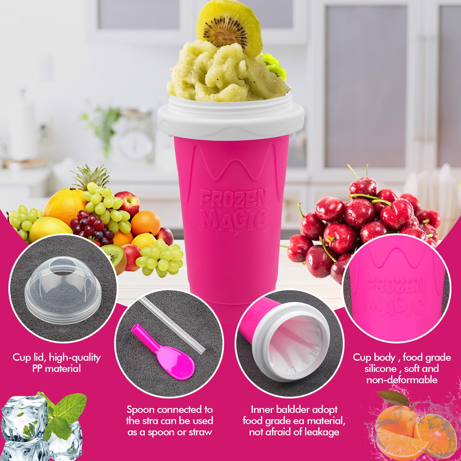 Slushie Maker Cup - DIY Magic Slushy Maker Squeeze Cup for Homemade Milk Shake Ice Cream Maker, Portable Smoothie Squeeze Cup for Juices and Milk, Birthday Gifts for Friends&Family(Pink)