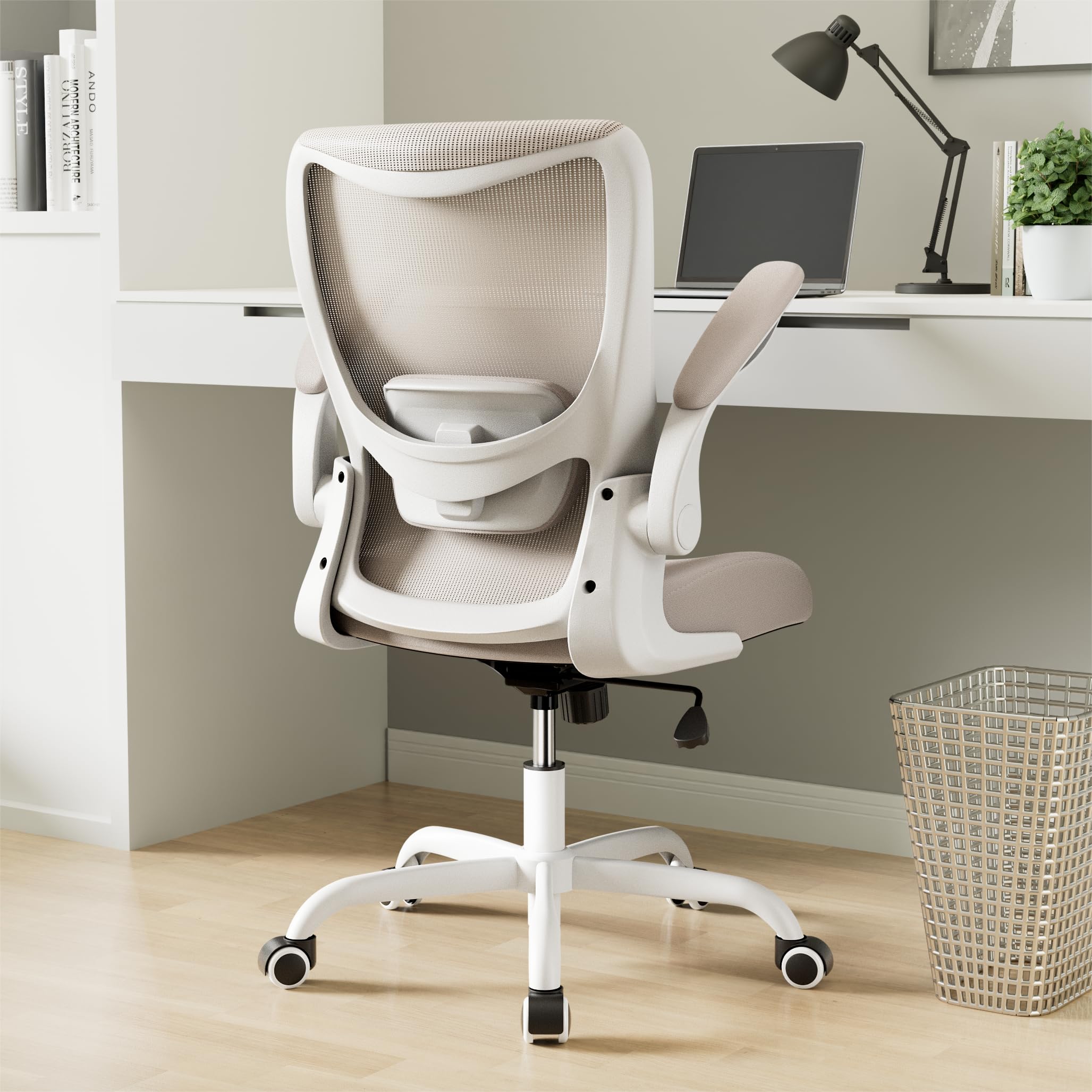 MUXX.STIL Office Chair, Ergonomic Desk Chair with Adjustable Lumbar Support and Flip up Armrest, Breathable Mesh Computer Chair for Home Office, Khaki