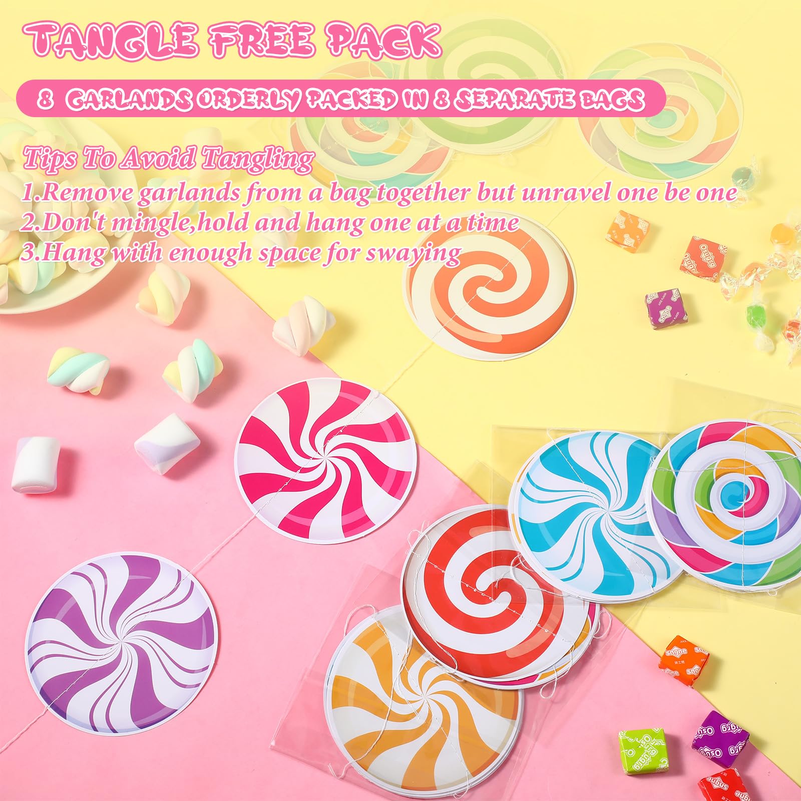 Capoda 8 Pieces Candy Party Decorations Candyland Paper Garlands Candy Paper Cutouts Lollipop Garland Banner Sweet Candy Hanging Decor for Candy Birthday Theme Party Supplies