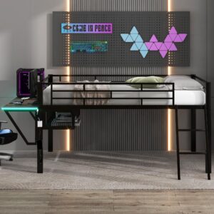 SOFTSEA Metal Low Loft Bed with Desk Full Loft Bed Frame Gaming Bed with LED and Storage Space for Kids