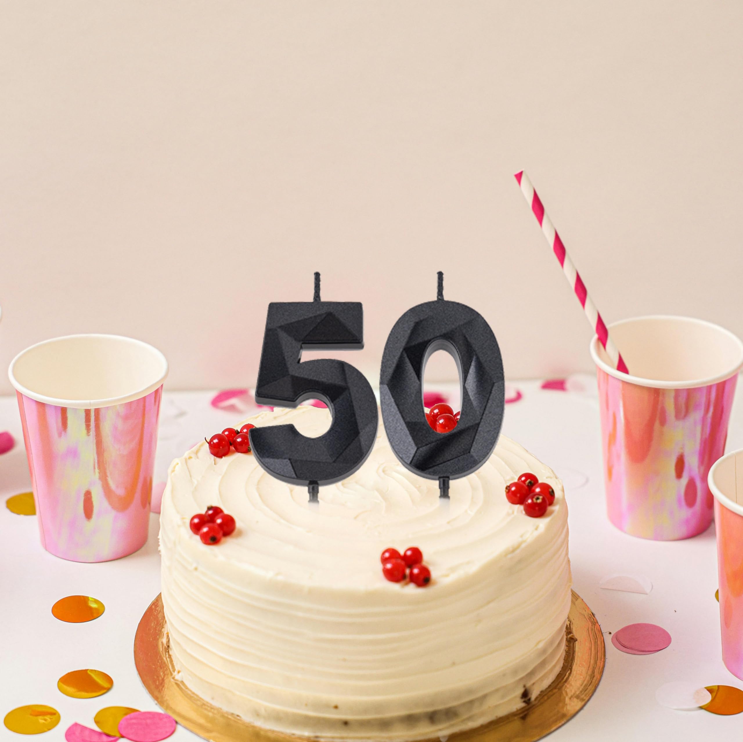 2 inch Black 50 Birthday Candles, 3D Diamond Number 50 Cake Topper for Men Women Birthday Party Decorations Theme Party