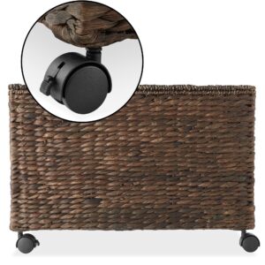 Casafield Rolling Storage Basket Cart with Lid and Locking Wheels, Espresso - Handwoven Water Hyacinth Divided Recycling Sorting Bin for Kitchen, Laundry Room, Garage