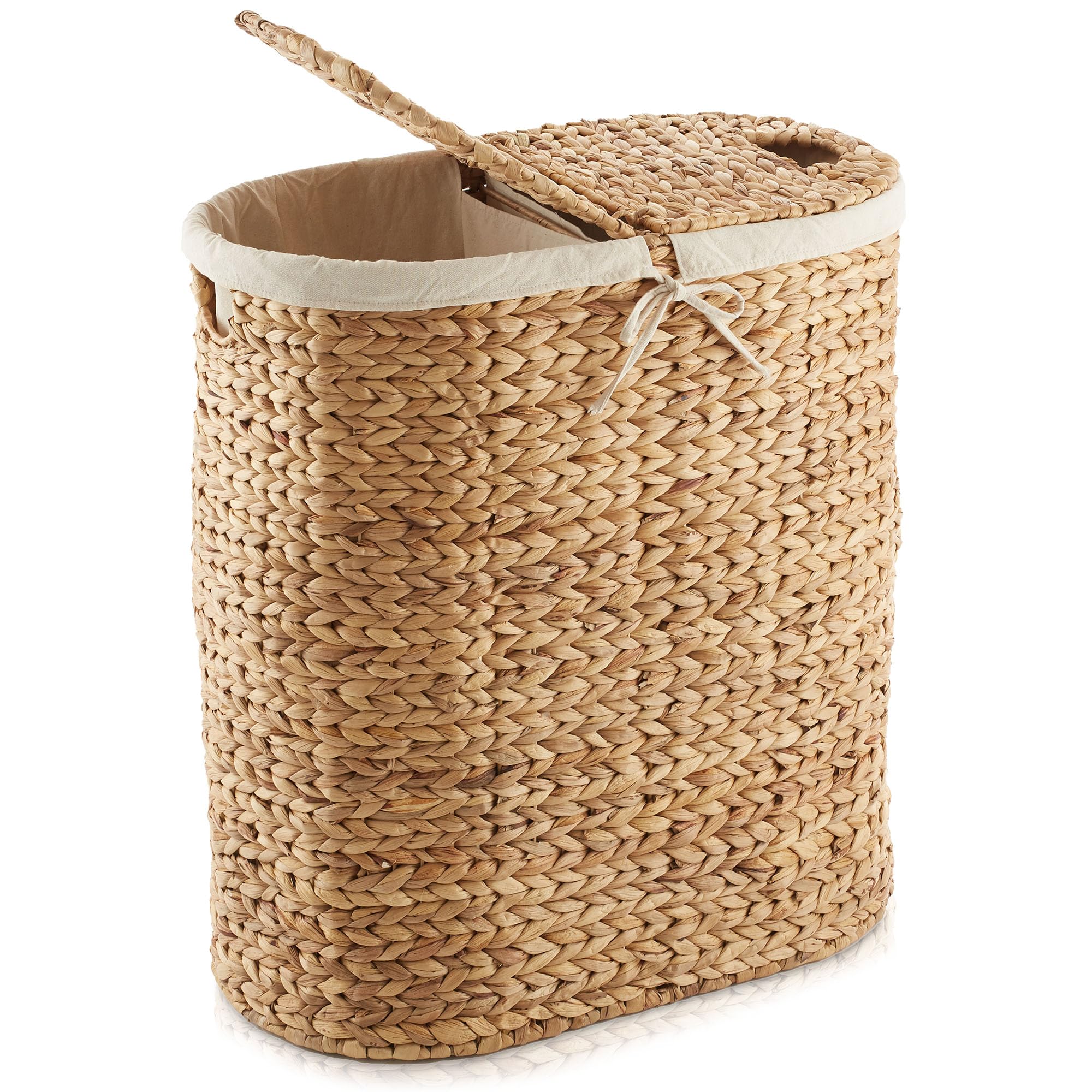 Casafield Oval Laundry Hamper with Lids and Removable Liner Bags - Natural, Woven Water Hyacinth 2-Section Laundry Basket Sorter for Clothes and Towels