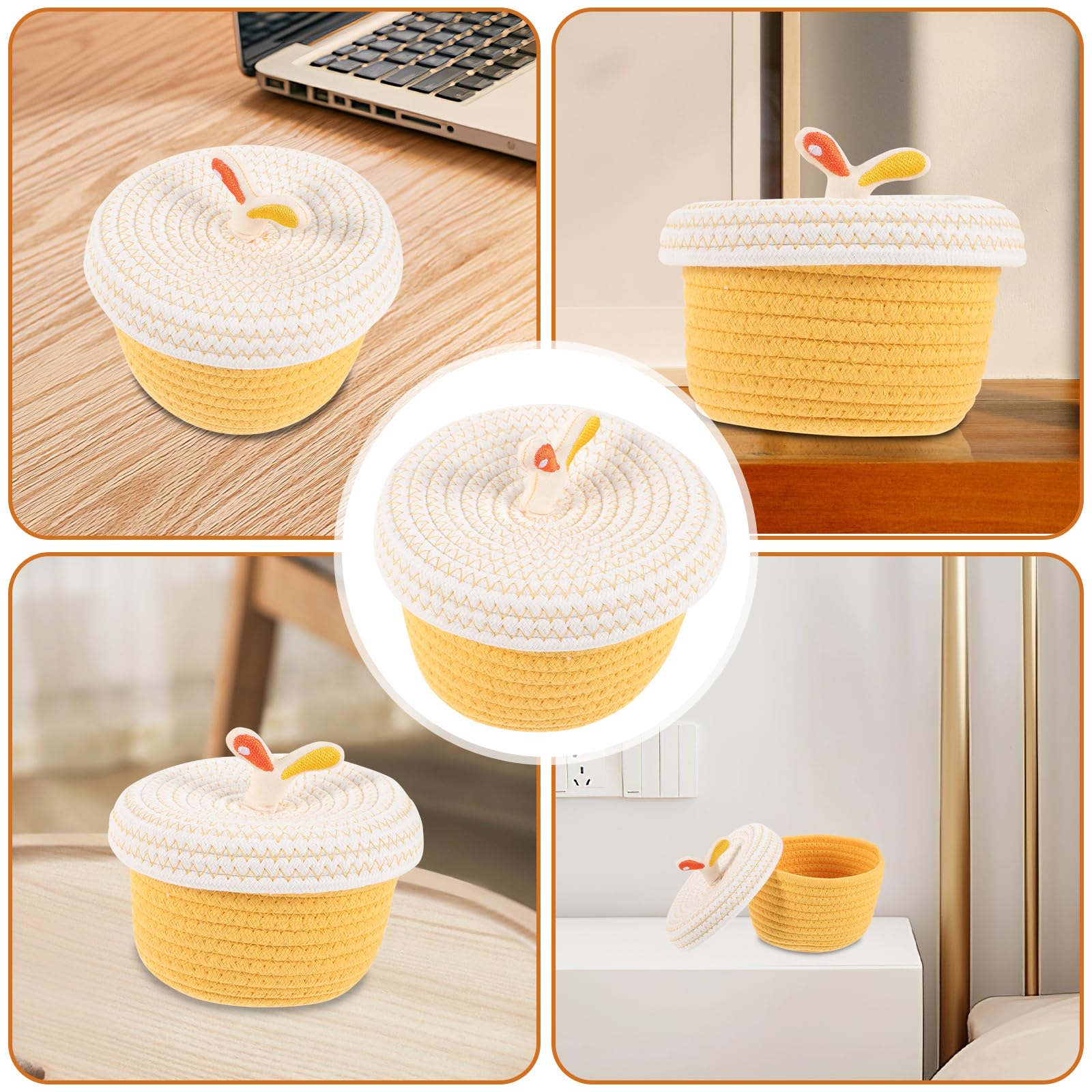 Garneck Small Round Storage Basket - 6.5 Inch Ceative Knitted Storage Basket with Lid - Cute Hazelnuts Shape Decor Desk Basket for Keys, Jewelry, Snacks