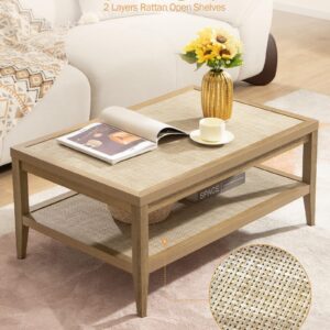 SICOTAS Rattan Coffee Table for Living Room - Boho Rectangle Center Coffee Tables with 2-Tier Rattan Storage Shelves - Accent Sofa Side Table for Small Space