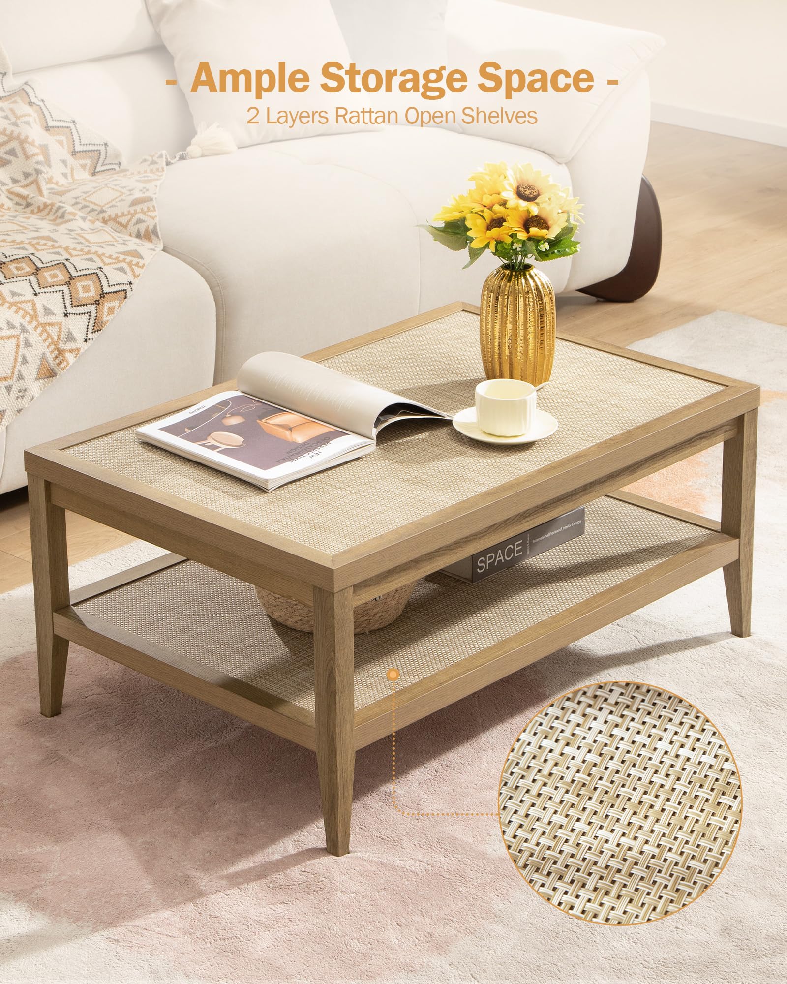 SICOTAS Rattan Coffee Table for Living Room - Boho Rectangle Center Coffee Tables with 2-Tier Rattan Storage Shelves - Accent Sofa Side Table for Small Space