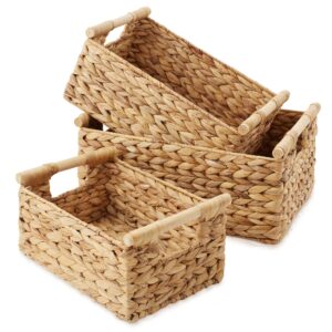 casafield set of 3 water hyacinth rectangular storage baskets with wooden handles - small, medium, and large woven nesting baskets for organizing