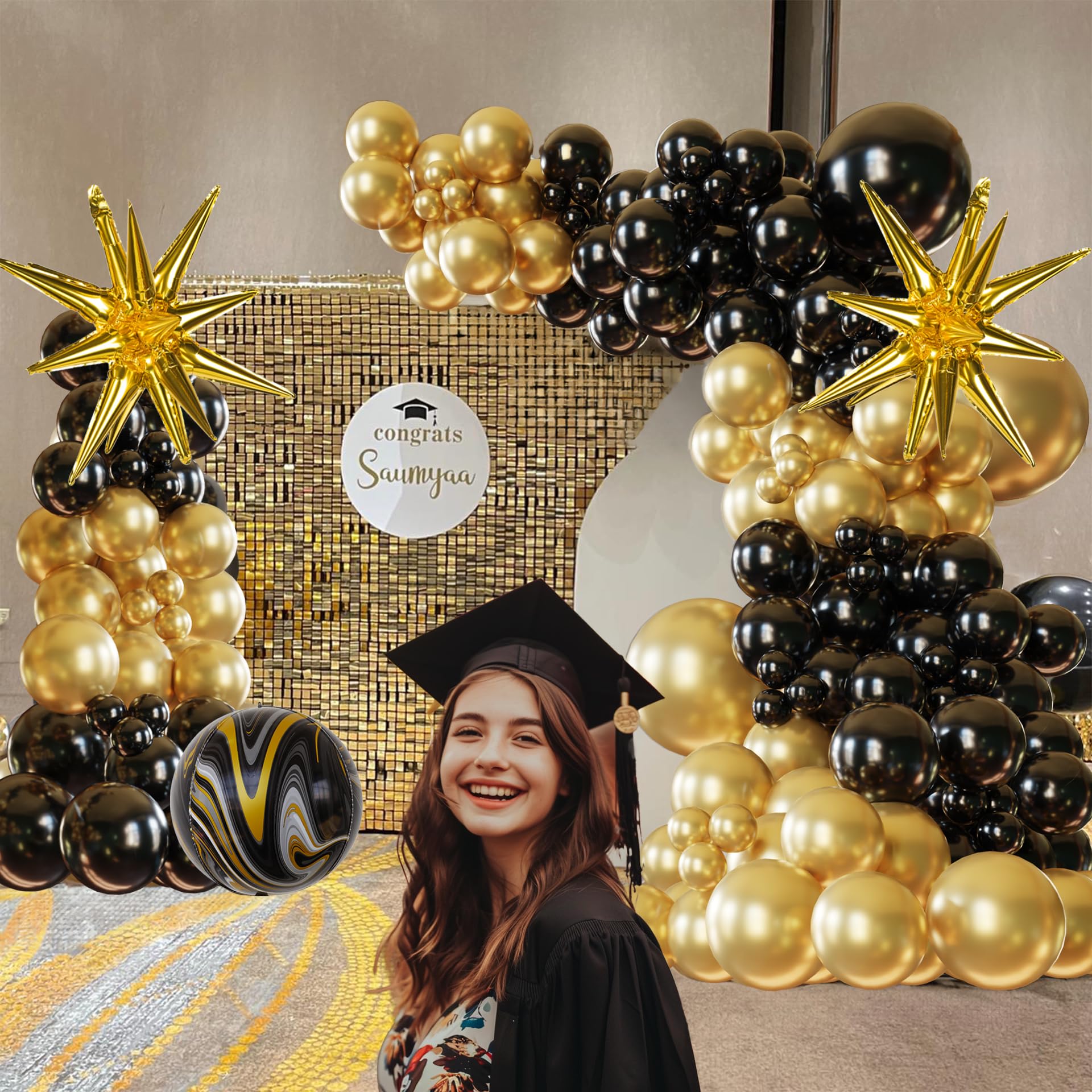 ECEAE 133Pcs Black And Gold Balloons Arch Black Metallic Golden Balloon Ensemble Versatile For Great Gatsby Party Decorations, Graduations,New Years Backdrops Birthday Garland Decor Kit