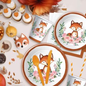 Xenorik Fox Birthday Party Supplies Tableware - Fox Baby Shower Decorations Dinnerware, Paper Plate, Cup, Napkin, Disposable Cutlery, Woodland Creatures Forest Animal Fox Party Supplies | Serve 24