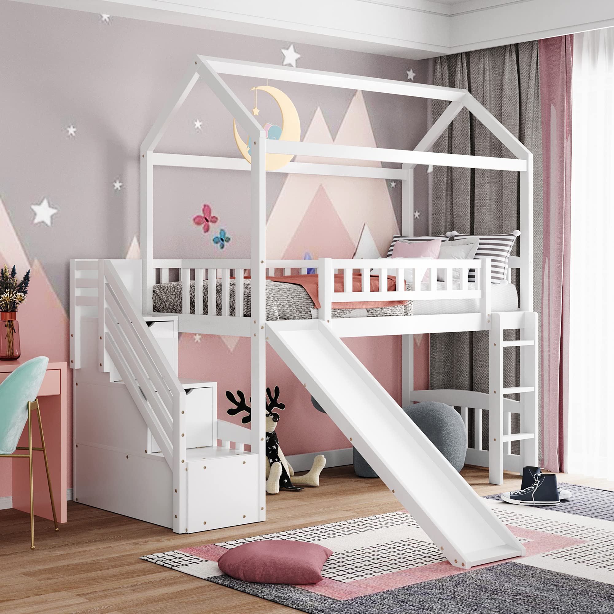 YOPTO Twin Size Loft Bed with Slide and Storage Steps,Wooden Playhouse BedFrame,w/Two Drawers & Safety Guardrail,No Box Spring Needed,for Kids, Teens, Girls, Boys,White