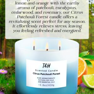 Large Citrus Patchouli Eucalyptus & Cedar Forest 3-Wick Candle - Highly Scented Natural Soy Candle for Home & Office 15.8 oz - Aromatherapy Stress Relief Candle, Refreshing Gift Candle for Women & Men