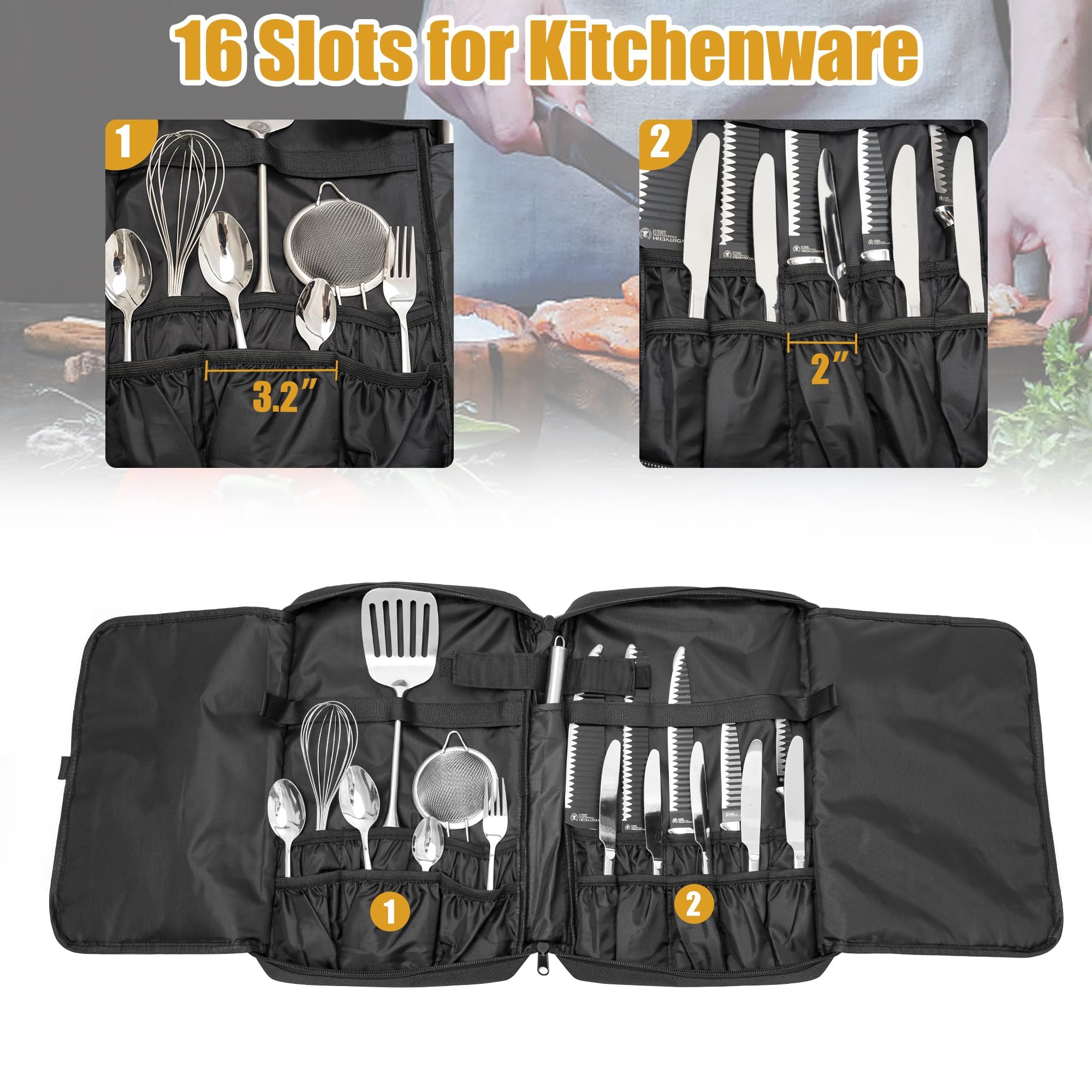 OUUTMEE Chef Knife Bag, 25 Total Pockets Knife Storage Case For Professional Chefs, Knife Carrying Case, Knife Carrier Travel Bag for Knives and Kitchen Utensils, Bag Only