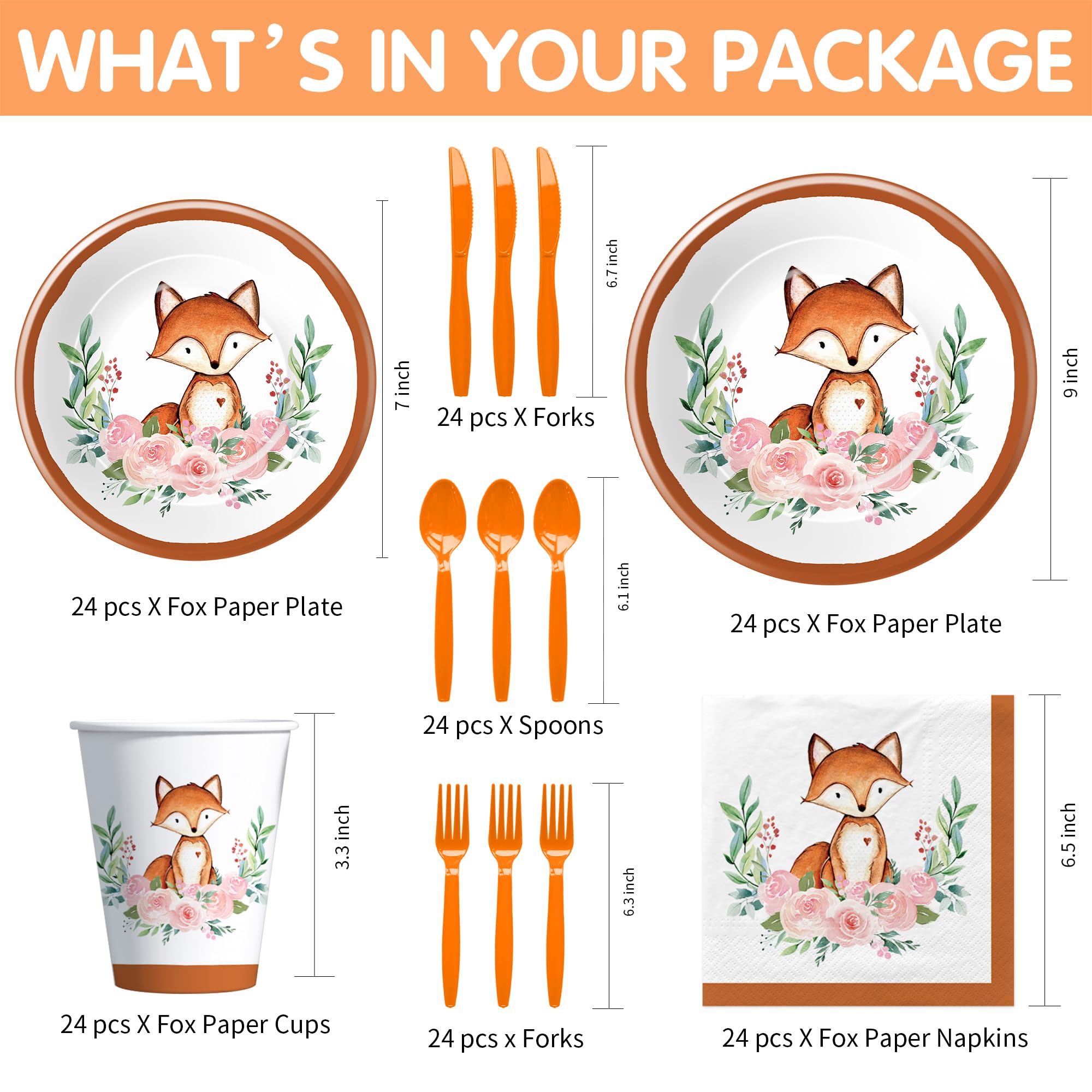 Xenorik Fox Birthday Party Supplies Tableware - Fox Baby Shower Decorations Dinnerware, Paper Plate, Cup, Napkin, Disposable Cutlery, Woodland Creatures Forest Animal Fox Party Supplies | Serve 24