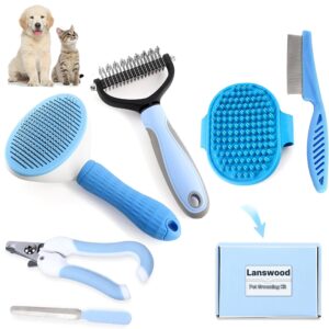 lanswood dog brush dog grooming kit 6pcs dog brush for shedding-dog brushes for grooming, dematting comb for dogs, cat & dog nail clipper with nail file, flea comb, dog bath brush-blue