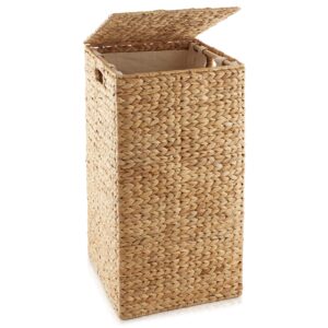 casafield laundry hamper with lid and removable liner bag - natural, woven water hyacinth square laundry basket sorter for clothes and towels