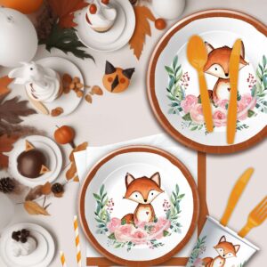 Xenorik Fox Birthday Party Supplies Tableware - Fox Baby Shower Decorations Dinnerware, Paper Plate, Cup, Napkin, Disposable Cutlery, Woodland Creatures Forest Animal Fox Party Supplies | Serve 24