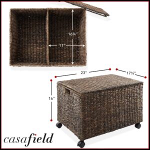 Casafield Rolling Storage Basket Cart with Lid and Locking Wheels, Espresso - Handwoven Water Hyacinth Divided Recycling Sorting Bin for Kitchen, Laundry Room, Garage