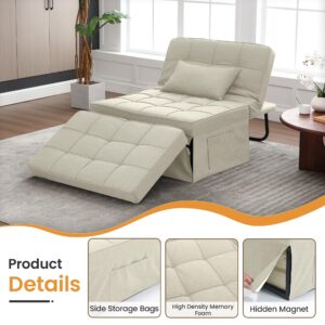 Fiona's magic Sofa Bed, 4 in 1 Multi-Function Convertible Ottoman, Modern Breathable Linen Folding Couch Bed with Adjustable Backrest and Storage Bag for Living Room Apartment Office, Beige