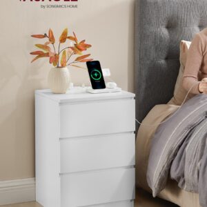 VASAGLE Nightstand with Charging Station, 2 AC Outlets and 2 USB Ports, Bedside Table, Side Table with 3 Drawers, Modern Style, 13.8 x 15.7 x 23.2 Inches, Cloud White ULET631W16