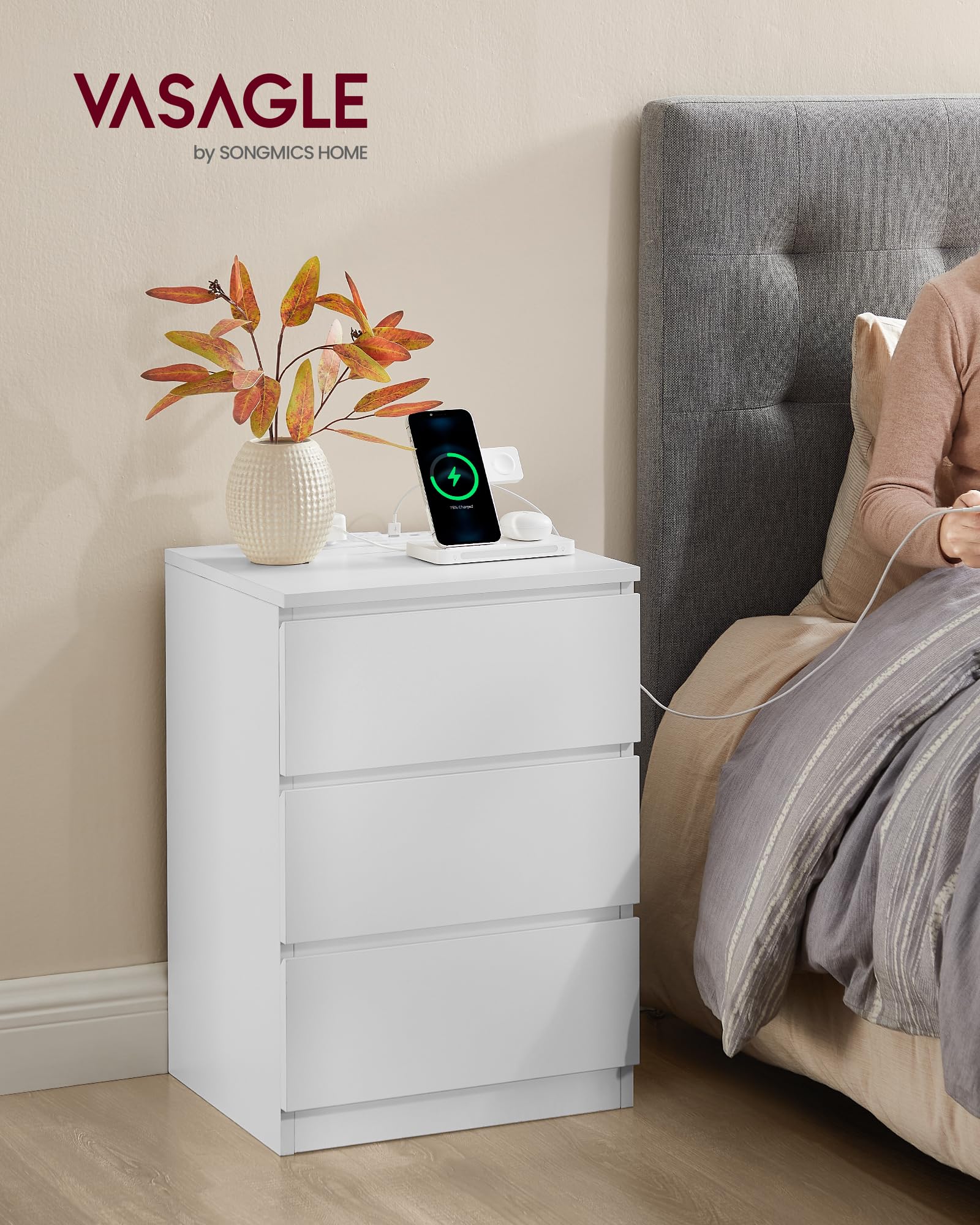 VASAGLE Nightstand with Charging Station, 2 AC Outlets and 2 USB Ports, Bedside Table, Side Table with 3 Drawers, Modern Style, 13.8 x 15.7 x 23.2 Inches, Cloud White ULET631W16