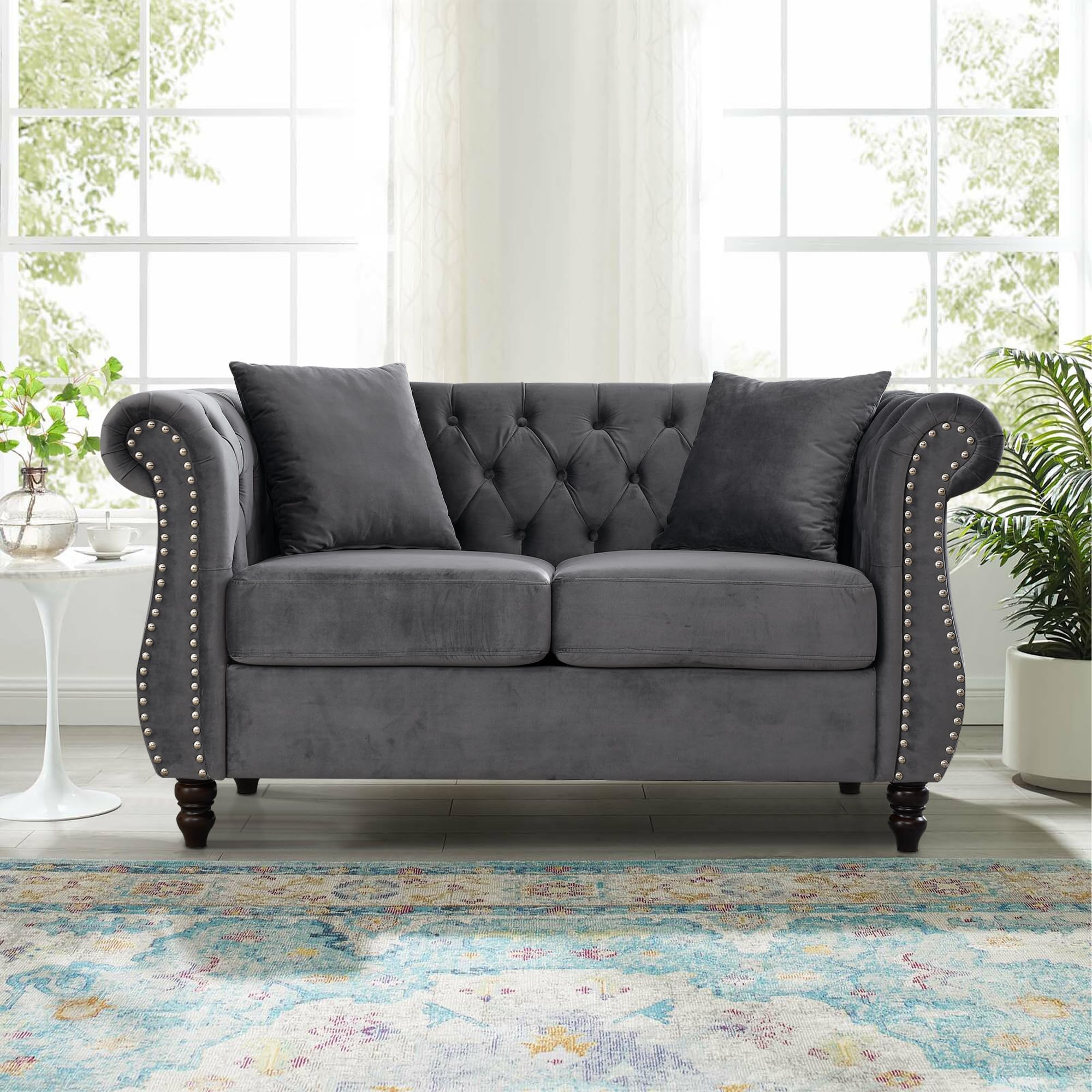 ATUMON 59" Chesterfield Loveseat Velvet Sofa for Living Room,2-Seater Sofa Tufted Couch with Two Pillows,Rolled Arms and Nailhead for Living Room, Bedroom, Office Grey