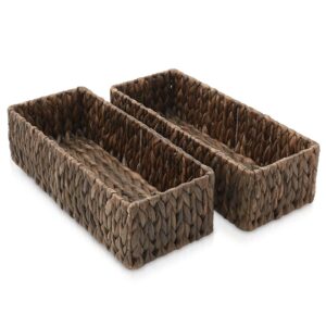 Casafield Set of 2 Bathroom Storage Baskets, Espresso - Water Hyacinth, 16" W x 6.75" D x 4.25" H, Woven Toilet Tank Topper Bins for Organizing Tissues, Toilet Paper, Toiletries, Shelves