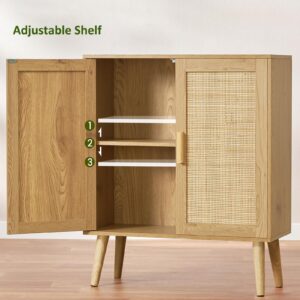 Iwell Storage Cabinet with Adjustable Shelf, Rattan Cabinet with 2 Doors, Rattan Storage Cabinet, Accent Cabinet for Living Room, Dining Room, Entryway, Natural