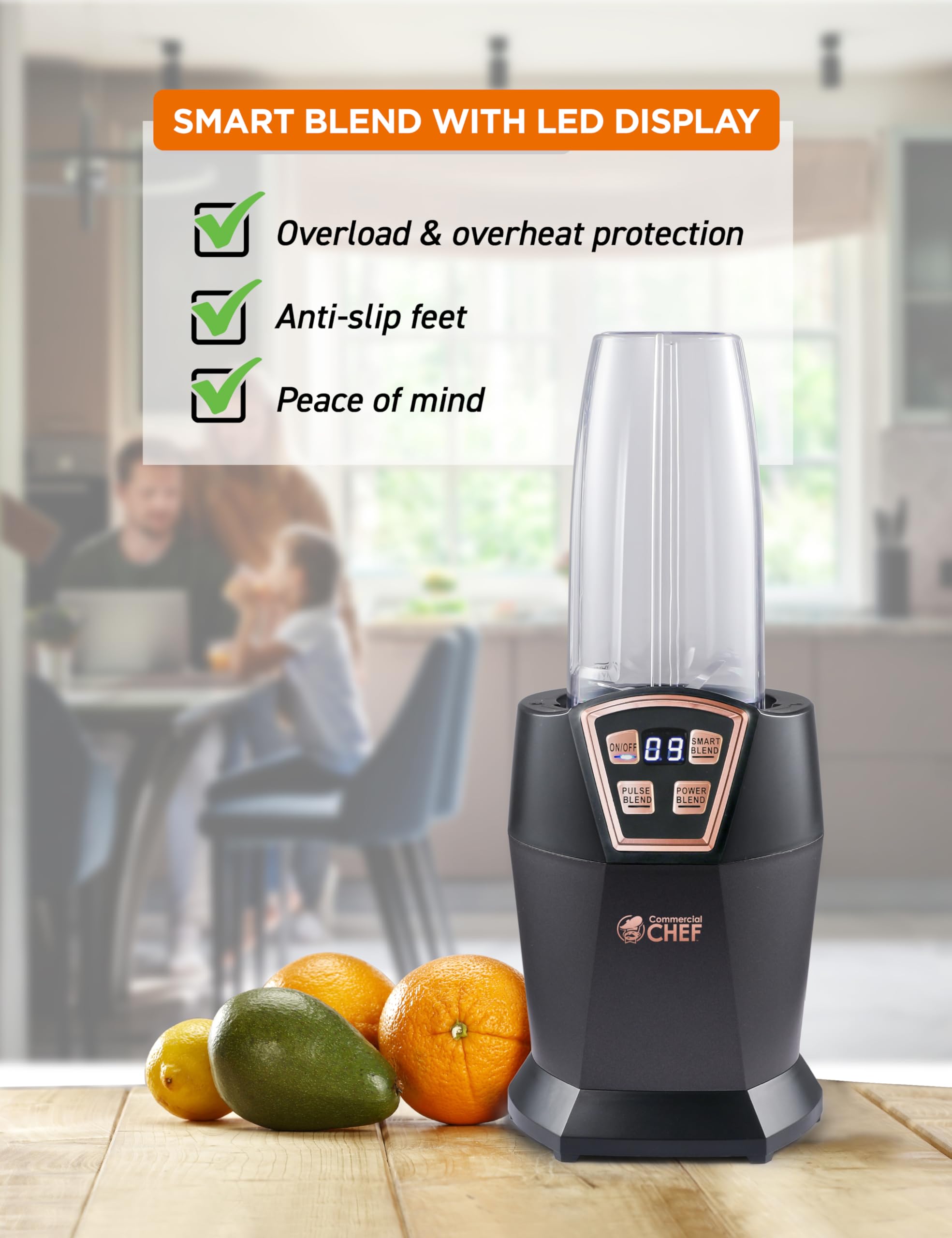 COMMERCIAL CHEF Personal Blender with 3 Modes, Blender for Smoothies, Shakes & More with 6 Stainless Steel Blades, 1000W Small Blender with LED Display