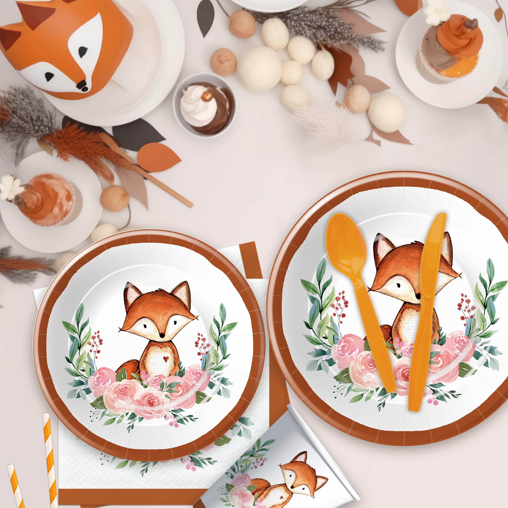 Xenorik Fox Birthday Party Supplies Tableware - Fox Baby Shower Decorations Dinnerware, Paper Plate, Cup, Napkin, Disposable Cutlery, Woodland Creatures Forest Animal Fox Party Supplies | Serve 24