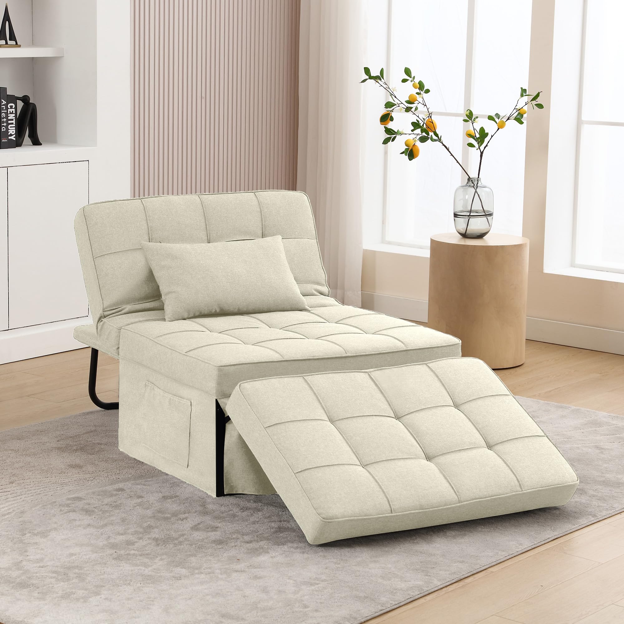 Fiona's magic Sofa Bed, 4 in 1 Multi-Function Convertible Ottoman, Modern Breathable Linen Folding Couch Bed with Adjustable Backrest and Storage Bag for Living Room Apartment Office, Beige