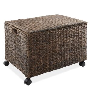 Casafield Rolling Storage Basket Cart with Lid and Locking Wheels, Espresso - Handwoven Water Hyacinth Divided Recycling Sorting Bin for Kitchen, Laundry Room, Garage