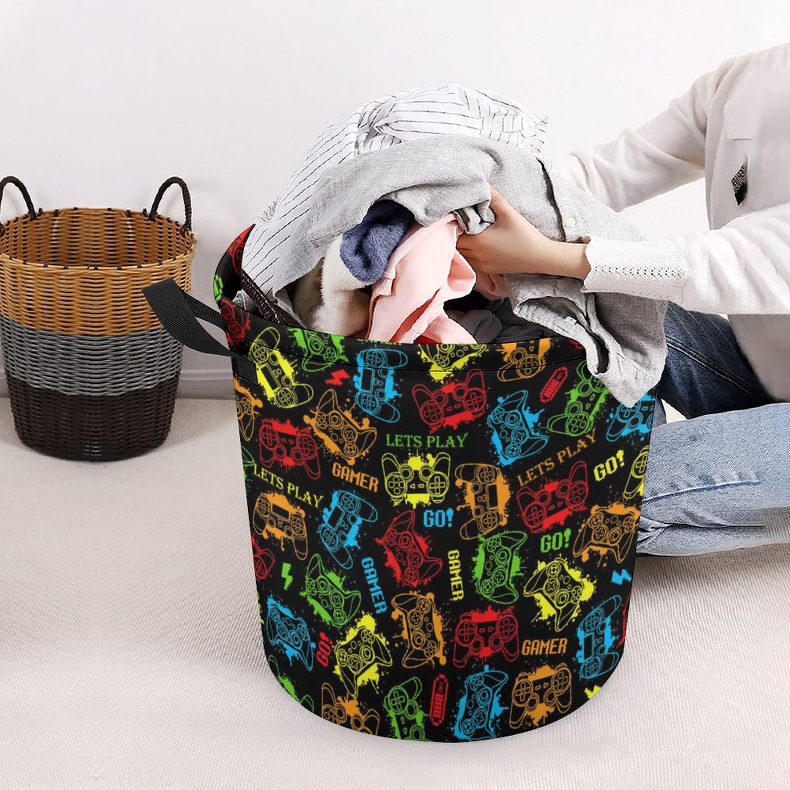 Game Theme Laundry Basket for Gamer Room Decor Boys Gamer Go Play Video Gamepad Storage Hamper Gaming Decor Boys Room for Dirty Clothes -S