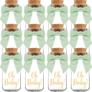 ethisa 12 pack oh baby woodland milk glass bottles with ribbons and stickers - vintage baby shower favors for guests and table centerpieces - gender neutral eucalyptus decorations - safari theme