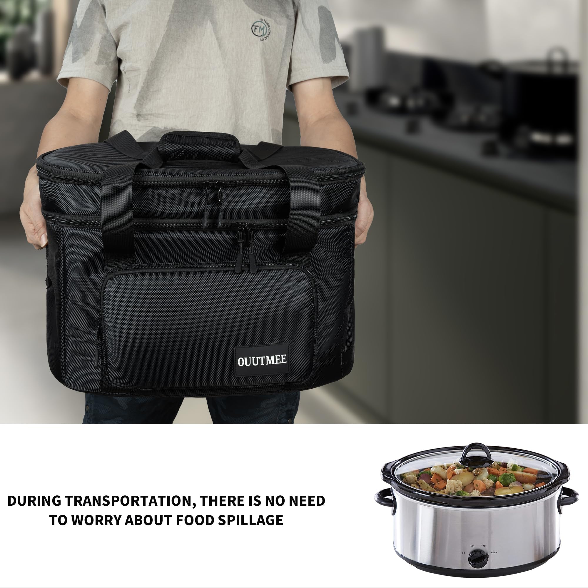 OUUTMEE Slow Cooker Travel Bag, 2 Layers Slow Cooker Carrier, Compatible with 6, 7, 8 Quart Crock-Pot, Insulated Travel Carrier with Easy to Clean Lining