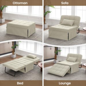 Fiona's magic Sofa Bed, 4 in 1 Multi-Function Convertible Ottoman, Modern Breathable Linen Folding Couch Bed with Adjustable Backrest and Storage Bag for Living Room Apartment Office, Beige