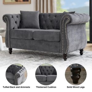 ATUMON 59" Chesterfield Loveseat Velvet Sofa for Living Room,2-Seater Sofa Tufted Couch with Two Pillows,Rolled Arms and Nailhead for Living Room, Bedroom, Office Grey