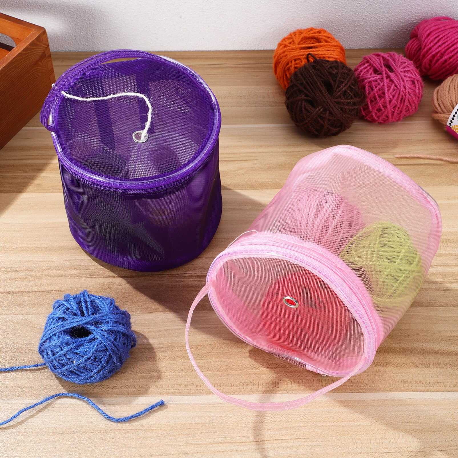 Ciieeo 2 Pcs Yarn Storage Bag Mesh Knitting Bag Portable Round Yarn Balls Organizer Yarn Wool Storage Bag for Sewing Accessories, Yarn Balls and Crochet Kits