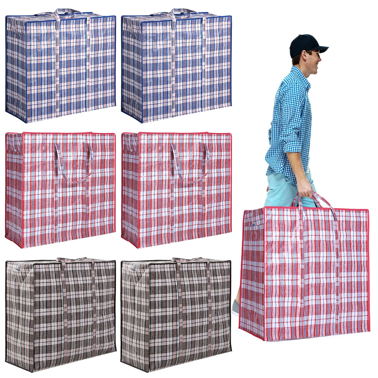 NDSWKR 6 Pack 158L Checkered Moving Bag, Heavy Duty Storage Totes with Zipper and Handle, Extra Large Laundry Bag for Clothes Bedding Comforter Blanket Organizer Dorm