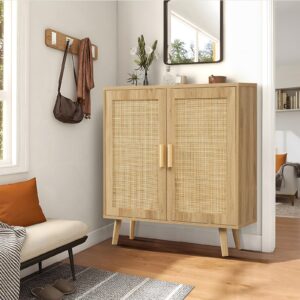 Iwell Storage Cabinet with Adjustable Shelf, Rattan Cabinet with 2 Doors, Rattan Storage Cabinet, Accent Cabinet for Living Room, Dining Room, Entryway, Natural