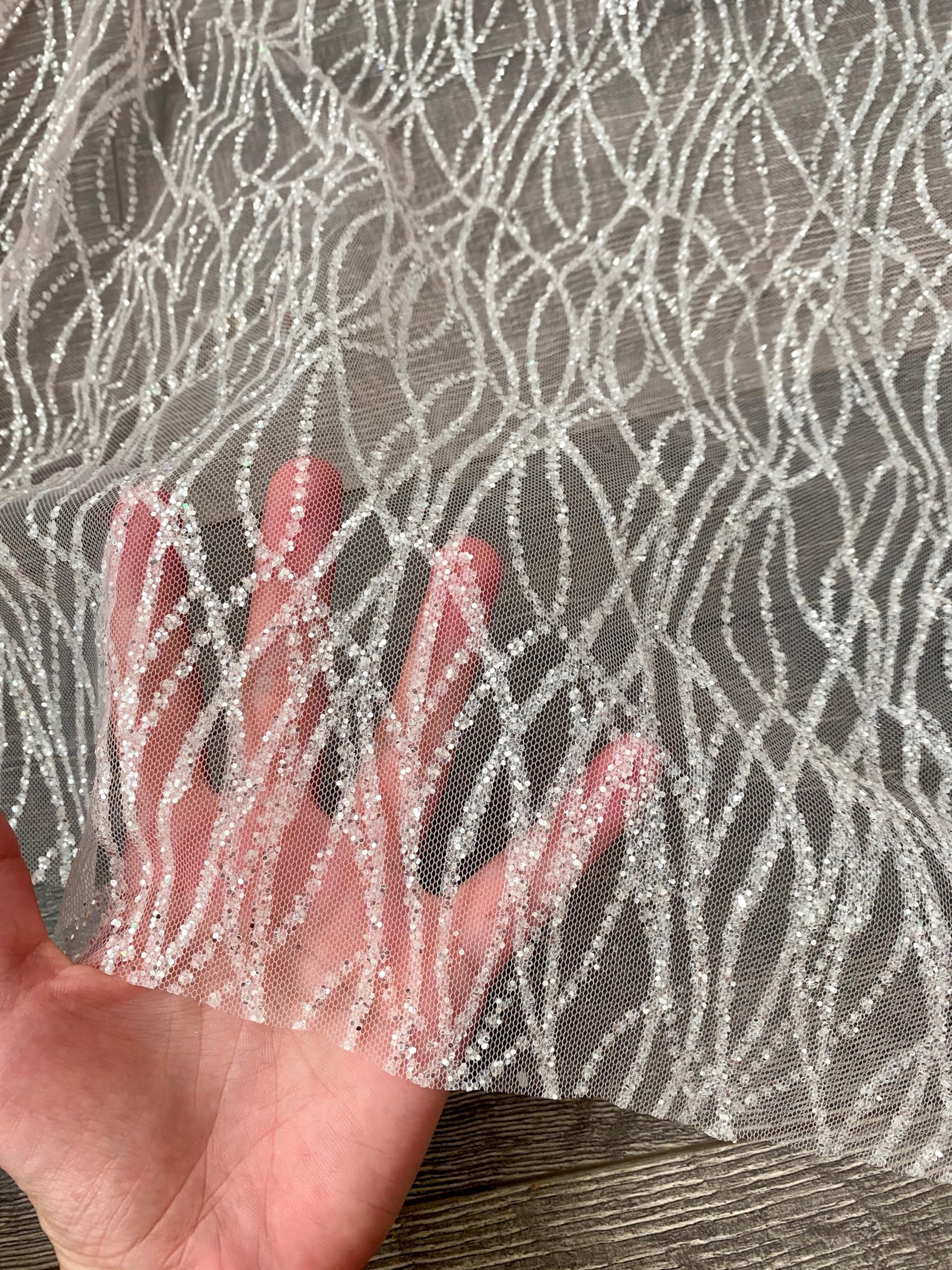 Glitter Wave Lace Fabric by The Yard - Perfect for Wedding Decorations, Bridal Shower, Wedding Tablecloth - Glitter Veil, and Elegant Crafts - 58 inch - 1 Yard (Silver White)