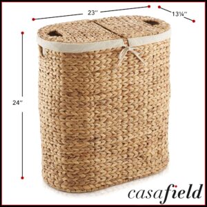 Casafield Oval Laundry Hamper with Lids and Removable Liner Bags - Natural, Woven Water Hyacinth 2-Section Laundry Basket Sorter for Clothes and Towels