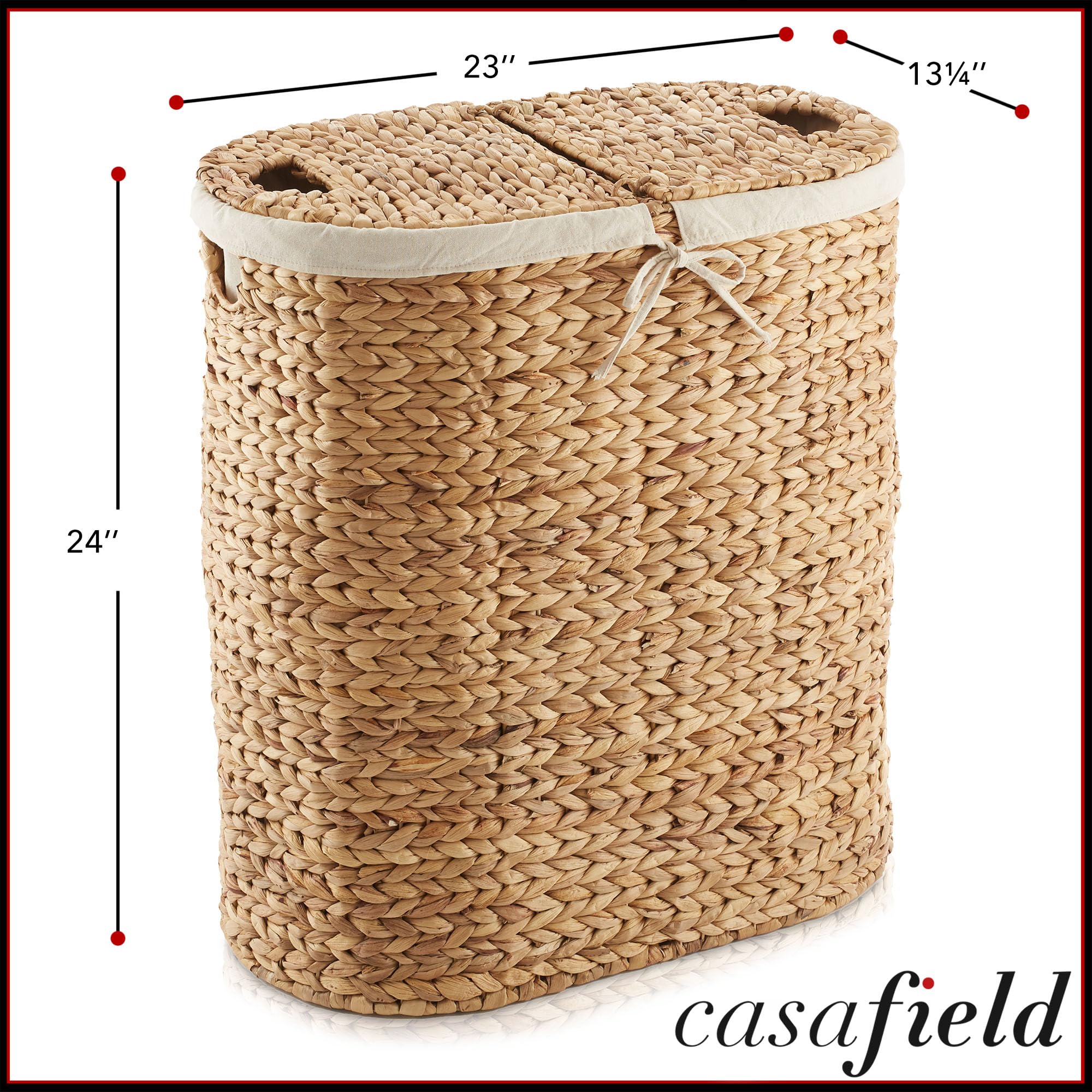 Casafield Oval Laundry Hamper with Lids and Removable Liner Bags - Natural, Woven Water Hyacinth 2-Section Laundry Basket Sorter for Clothes and Towels