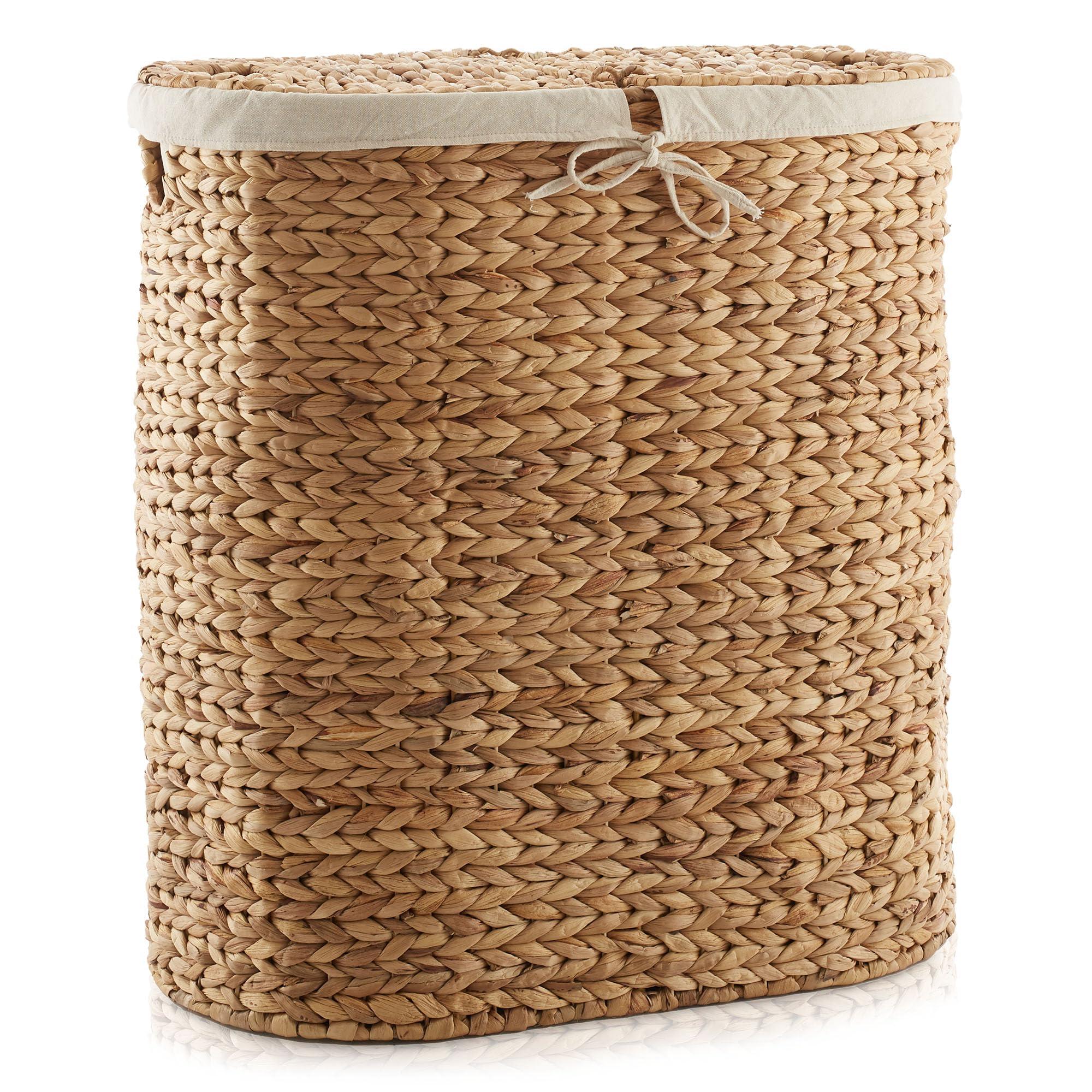 Casafield Oval Laundry Hamper with Lids and Removable Liner Bags - Natural, Woven Water Hyacinth 2-Section Laundry Basket Sorter for Clothes and Towels