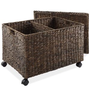 casafield rolling storage basket cart with lid and locking wheels, espresso - handwoven water hyacinth divided recycling sorting bin for kitchen, laundry room, garage