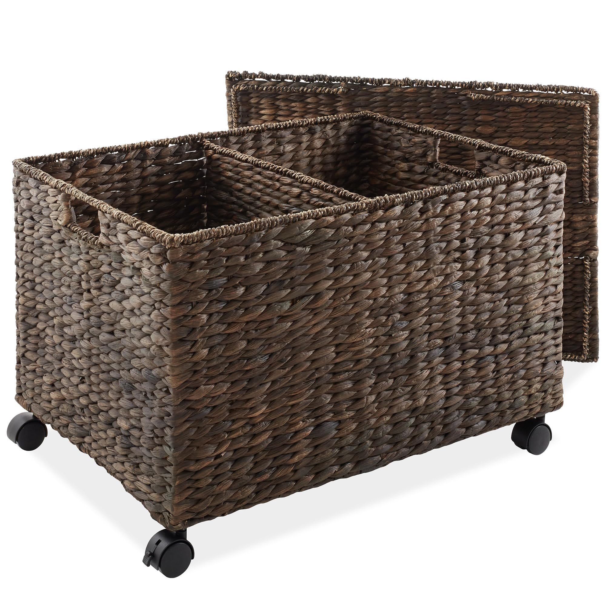 Casafield Rolling Storage Basket Cart with Lid and Locking Wheels, Espresso - Handwoven Water Hyacinth Divided Recycling Sorting Bin for Kitchen, Laundry Room, Garage